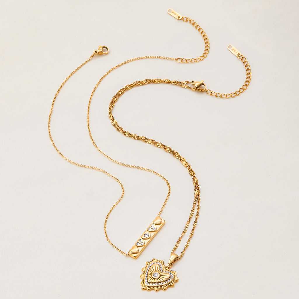 Gold Double-Layer Heart Rhinestone Necklace - Retro Romantic Pendants | Glossy Gold Daily/Brunch/Date Neck Jewelry for Women