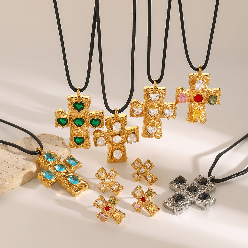 Gold Cross Necklace Set - Multi-Style Vintage Religious Statement Necklaces with Gemstones & CZ for Women