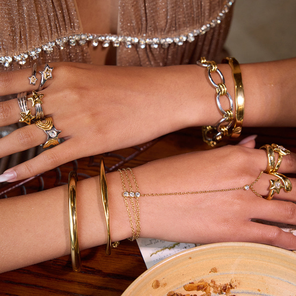 Gold & Silver Star Ring Set - Rhinestone-Accented Stackable Rings | Adjustable Open/Close Band Statement Jewelry for Women