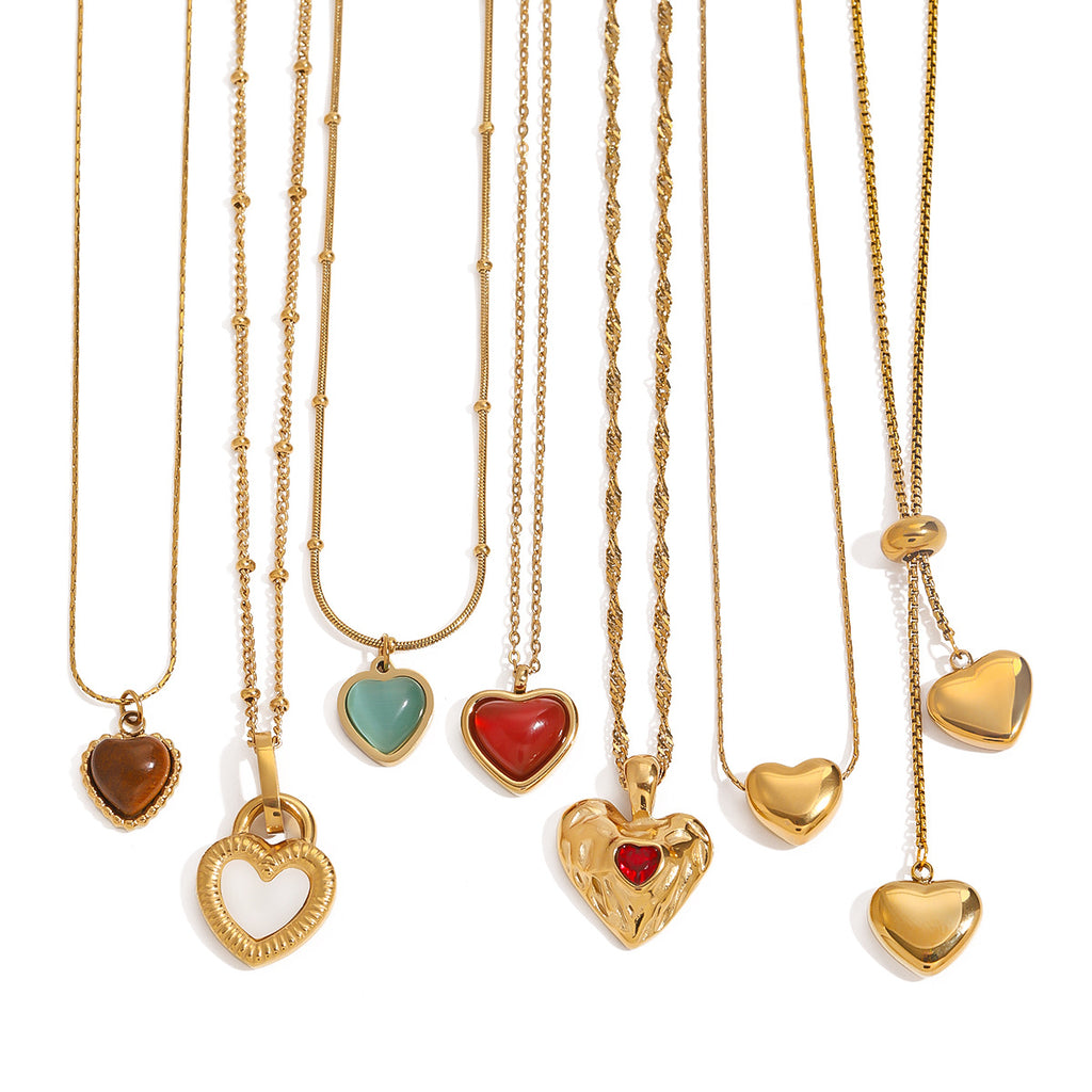 18K Gold-Plated Heart Pendant Layered Necklaces Set | Agate, Turquoise & White Mother-of-Pearl Accent Jewelry | Trendy INS-Style Dainty & Chunky Heart Necklaces for Women | Versatile Daily Wear & Party Layered Jewelry Collection