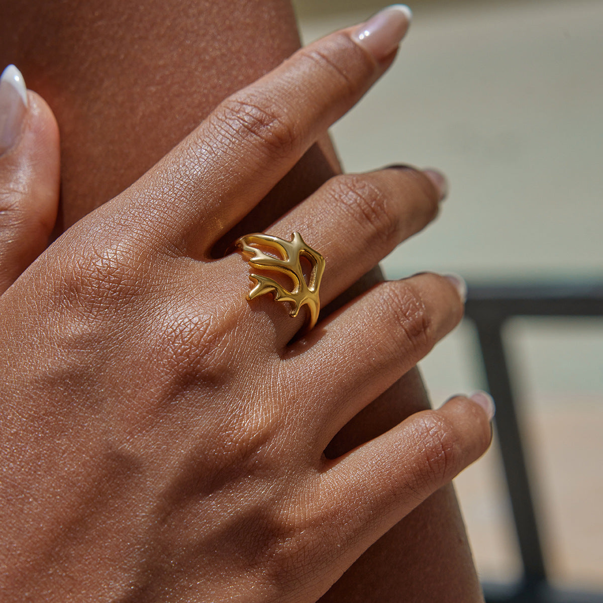 Gold Coastal-Chic Jewelry Set - Starfish/Shell/Coral Rings & Bracelet | Bold Ocean Motif Statement Accessories for Women (Beach/Daily/Brunch Wear)