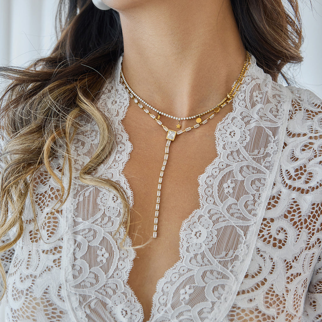 Gold Lariat Necklace Set - Multi-Style Gem/Star/Crystal Accents | INS-Style 18k Gold Tone Daily/Brunch Neck Jewelry for Women