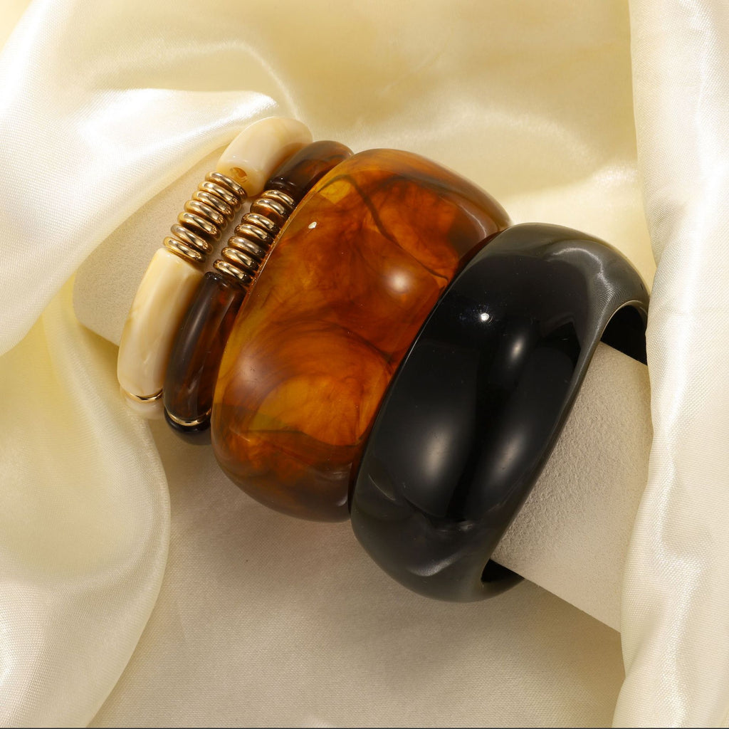Chunky Tortoise Shell & Cream Resin Bangle Set -  Stackable Acrylic Bamboo Tube Bracelets with Gold Accents