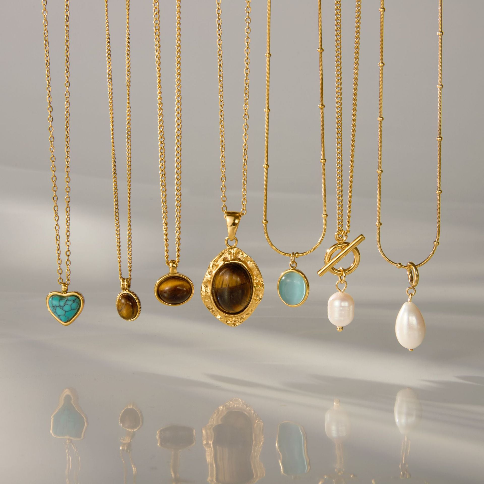 Gold Multi-Style Pendant Necklace Set - Tiger Eye/Turquoise/Pearl Natural Stone Accents | Retro Elegant Daily/Brunch Neck Jewelry for Women (Varied Chain Designs)