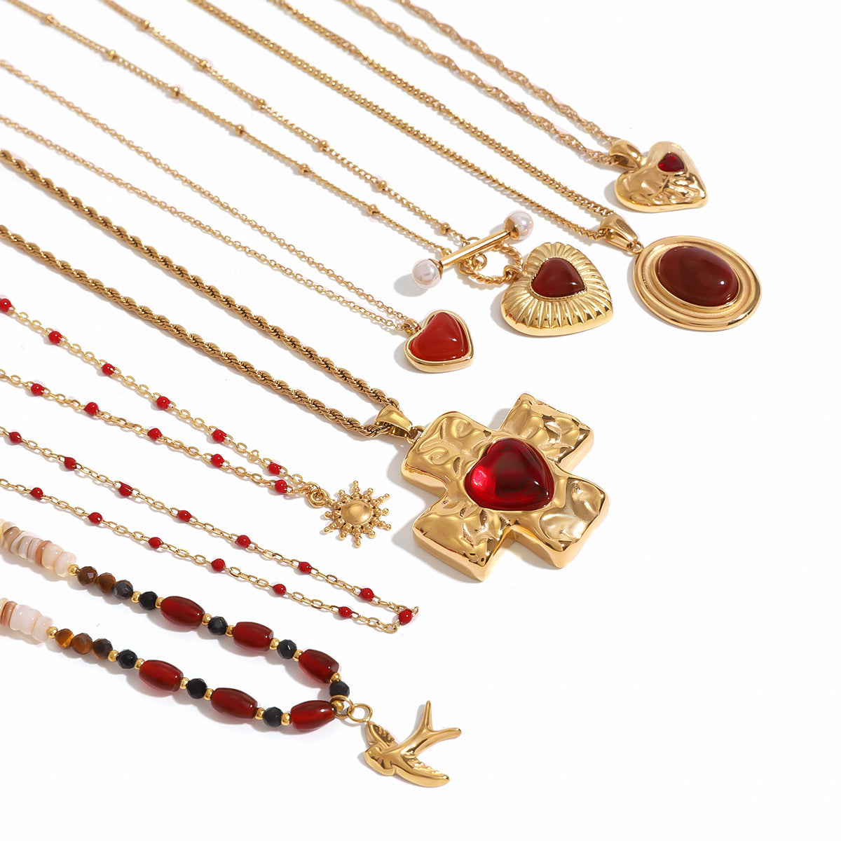 Gold Multi-Design Necklace Set - Cross & Heart Pendants with Carnelian/Colored Gems (Metal/Leather Cord) Statement Jewelry for Women