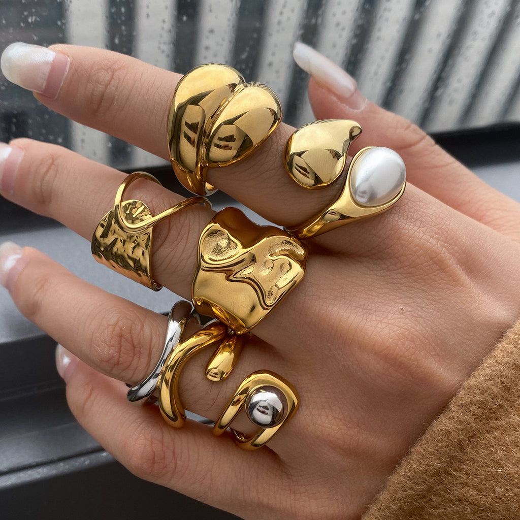 Artistic Gold Statement Ring Set - Abstract Sculptural & Pearl-Embellished Rings for Avant-Garde Women's Fashion