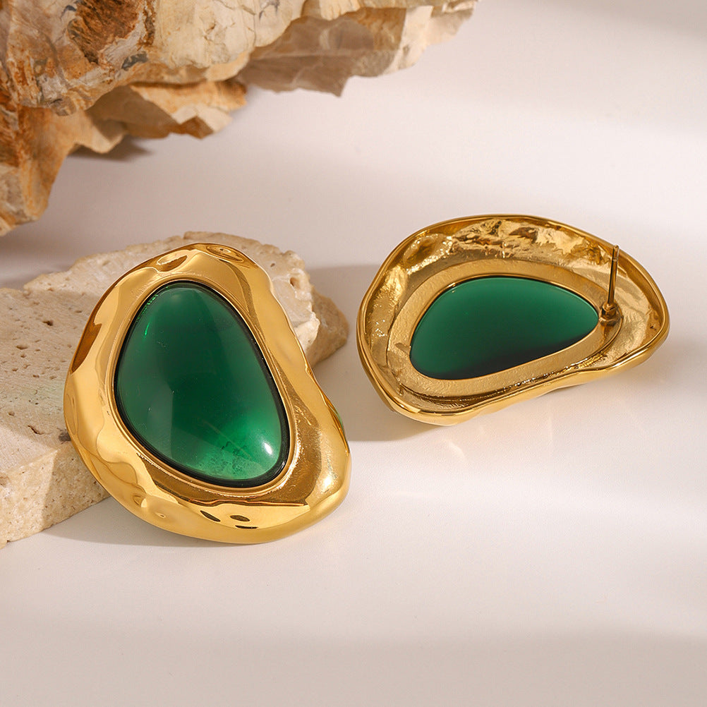 Gold Irregular Texture Emerald Stud Earrings - Bold Organic-Style Statement Jewelry for Women (Party/Formal/Casual Glam Wear)