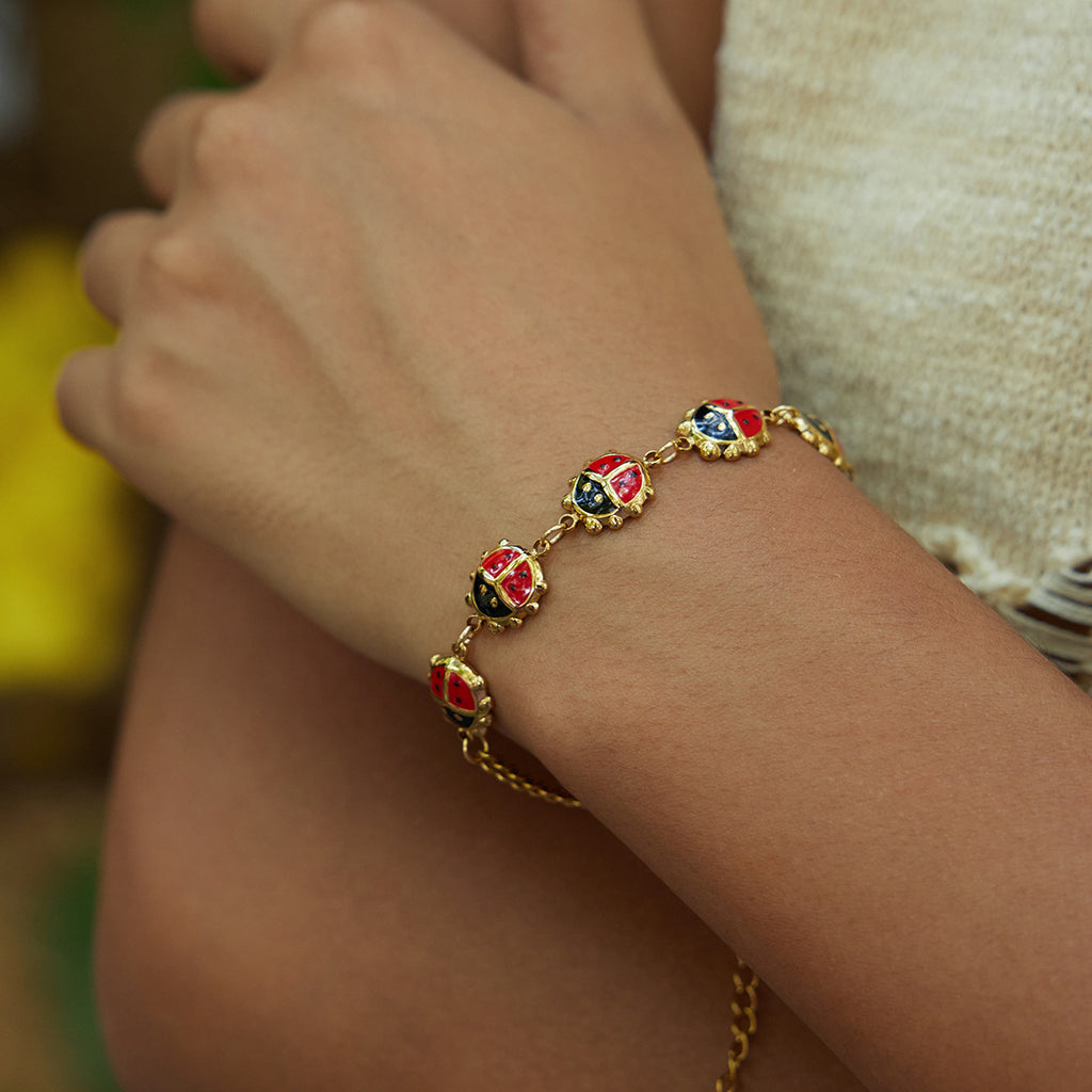 Gold Enamel Ladybug Animal Bracelet Set - Vintage Multi-Style Stackable Charm Bracelets for Women