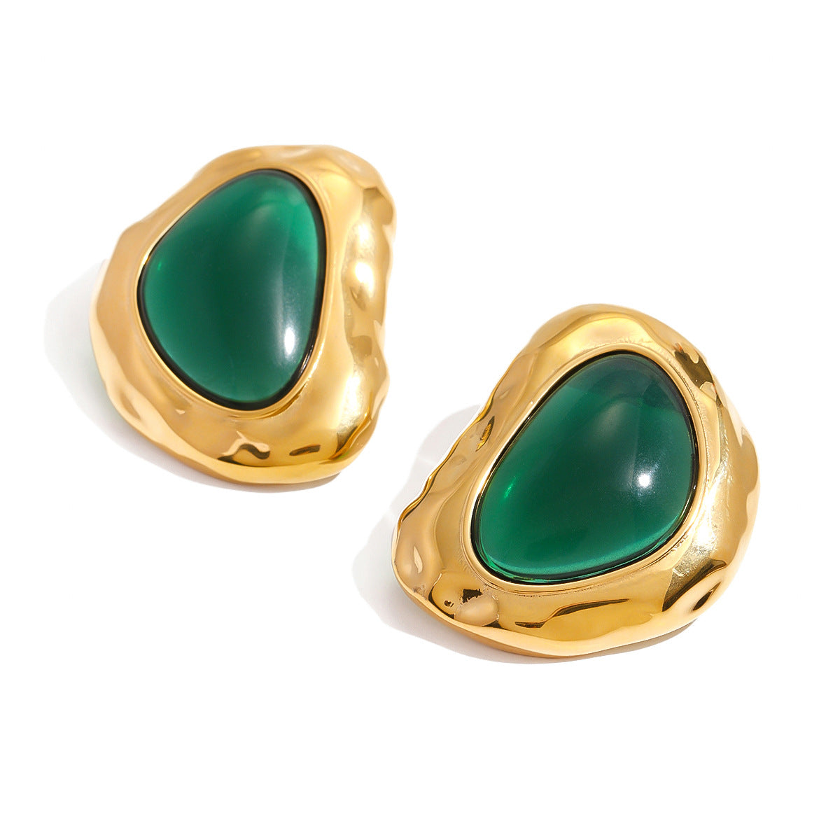Gold Irregular Texture Emerald Stud Earrings - Bold Organic-Style Statement Jewelry for Women (Party/Formal/Casual Glam Wear)
