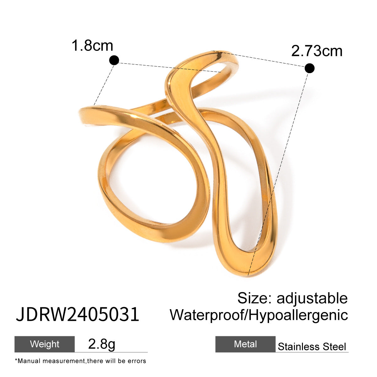 Gold Modern Bold Wave & Curve Ring Set - Rhinestone Accent Open-Band Finger Jewelry for Women (Daily/Brunch/Casual Statement Wear)