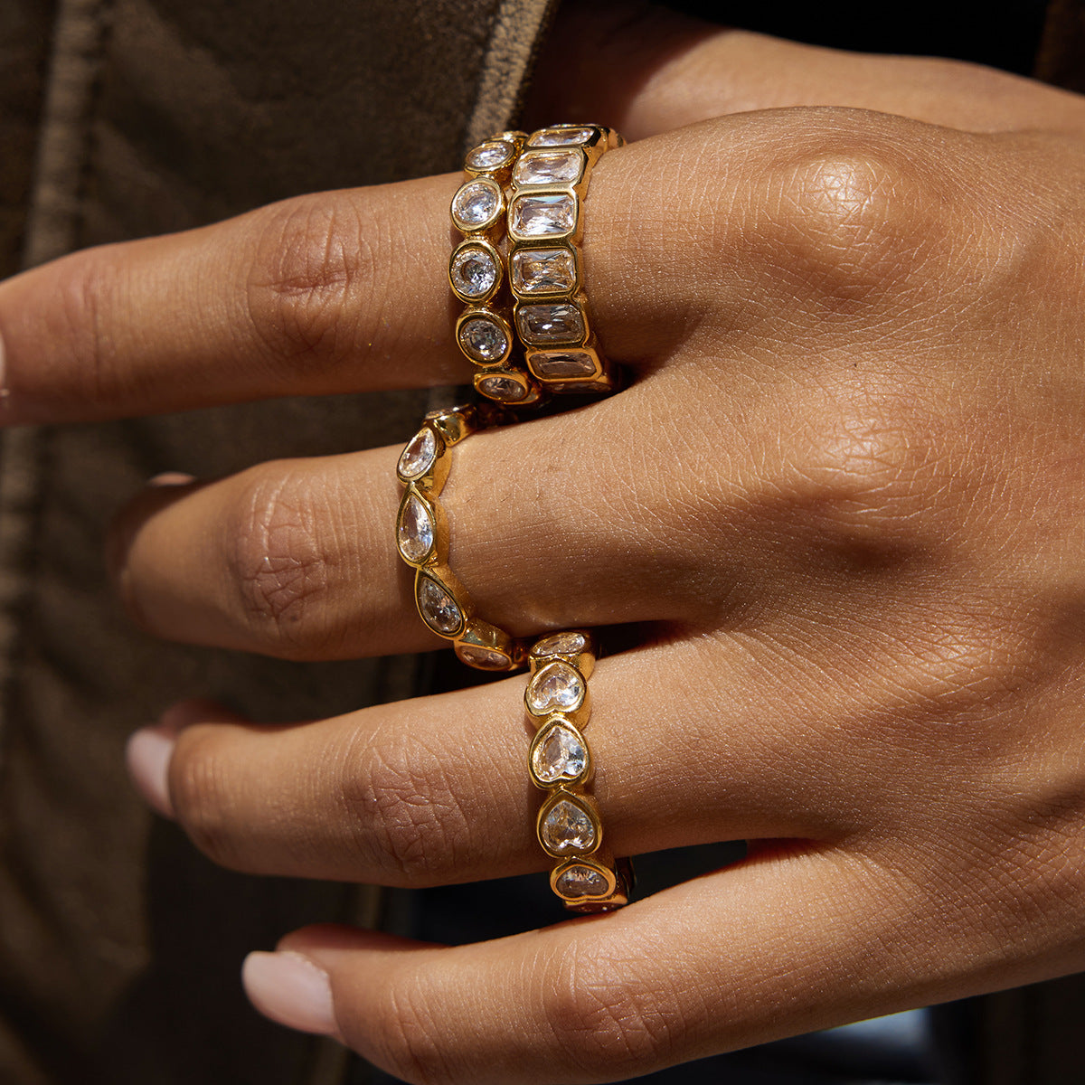 Gold Crystal Ring Set - Teardrop/Square/Heart/Circle Accents | 18k Gold Tone INS-Style Stackable Daily/Brunch Finger Jewelry for Women