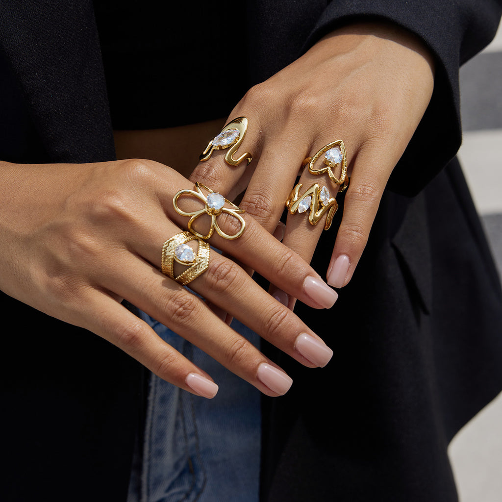 18k Gold Tone Crystal Ring Set - Bow/Heart/Letter/Arrow Designs | INS-Style Stackable Daily/Brunch Finger Jewelry for Women