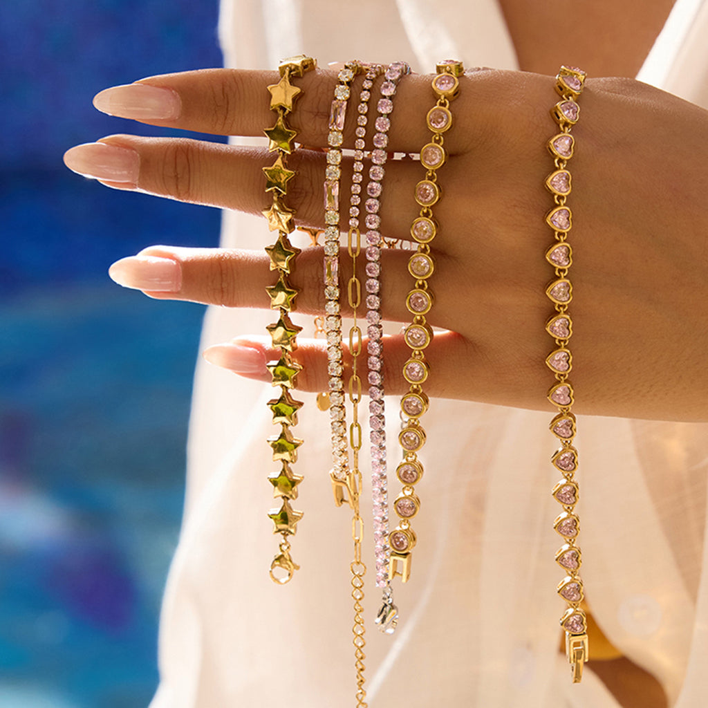 18k Gold Tone Bracelet Set - Star/Pink Crystal/Heart Designs | INS-Style Stackable Daily/Brunch Wrist Jewelry for Women