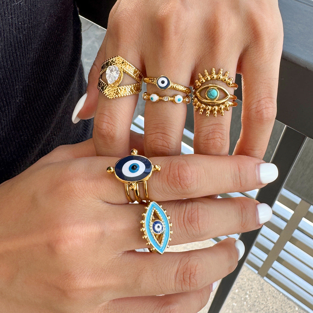 18k Gold Tone Evil Eye Ring Set - Crystal/Colorful Eye Designs | INS-Style Stackable Daily/Brunch Finger Jewelry for Women