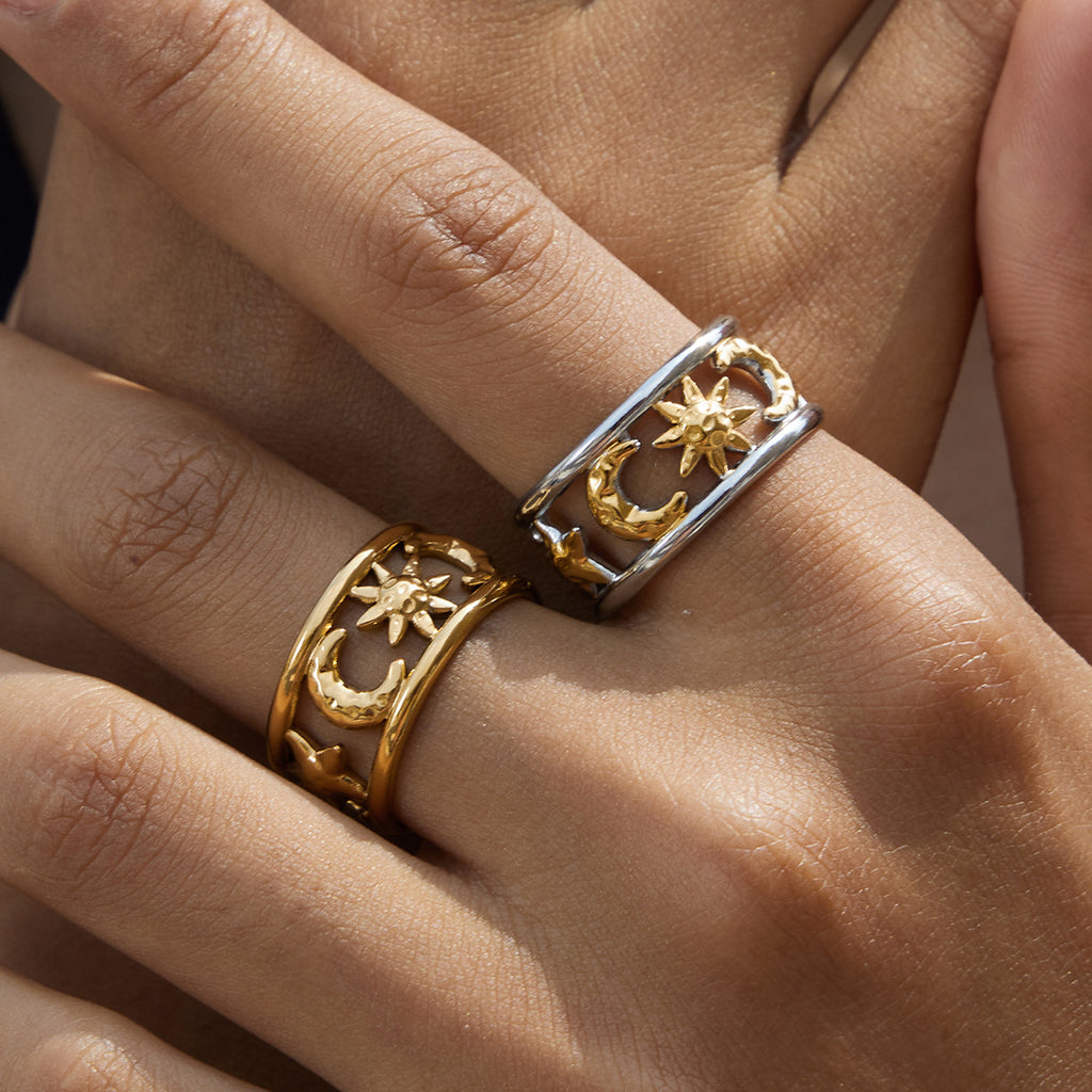 Gold & Silver Celestial Ring Set - Sun/Moon/Star Charms | Boho Layered Statement Jewelry for Women (Daily/Casual/Boho Outfit Wear)