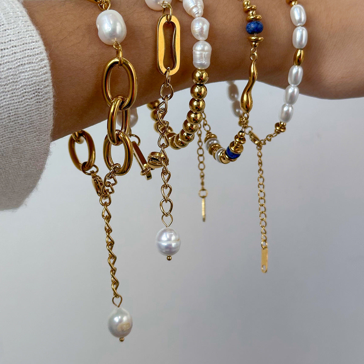 Baroque Pearl & Gold-Plated Stackable Bracelet Set | Lapis Lazuli Accent Chain Bracelets | Vintage Elegant INS-Style Jewelry for Women | Assorted Chunky & Dainty Designs for Daily Wear & Party Stacking