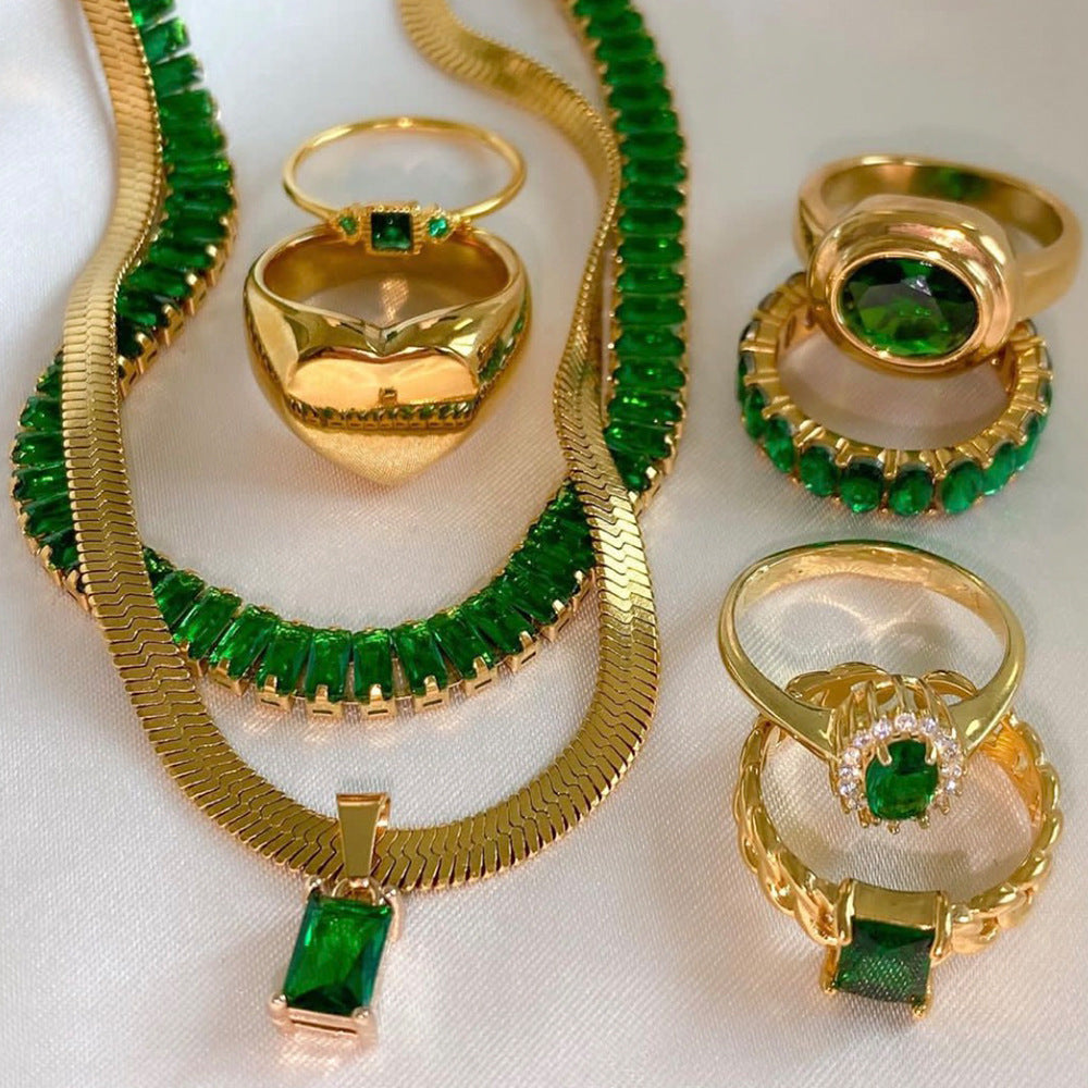Gold Emerald Jewelry Set - 18k Gold Tone Necklace & Rings | INS-Style Daily/Brunch Luxury Accessories for Women