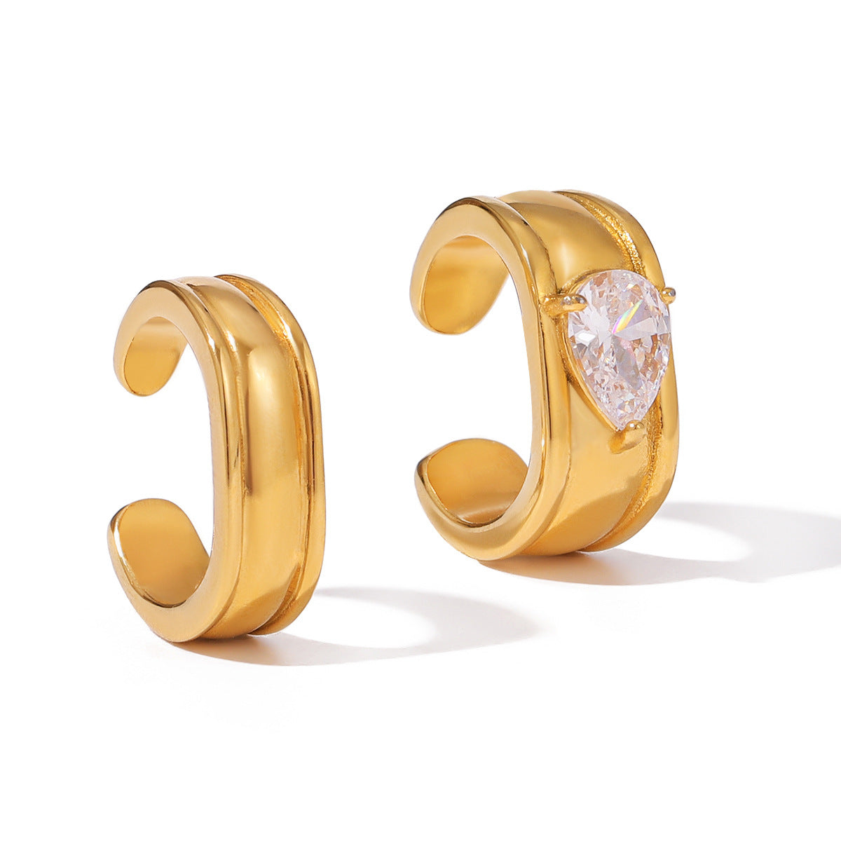 Gold Crystal Ear Set - Stone Cuff/Pear Huggies/Drop Studs | 18k Gold Tone INS-Style Daily/Brunch Ear Jewelry for Women