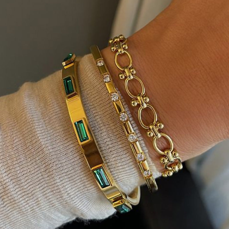 18K Gold-Plated Stainless Steel Stackable Bracelets Set | Trendy Emerald-Studded, CZ-Encrusted & Link Design Luxury Jewelry | Fashionable Daily Wear & Party Stacking Bracelets for Women