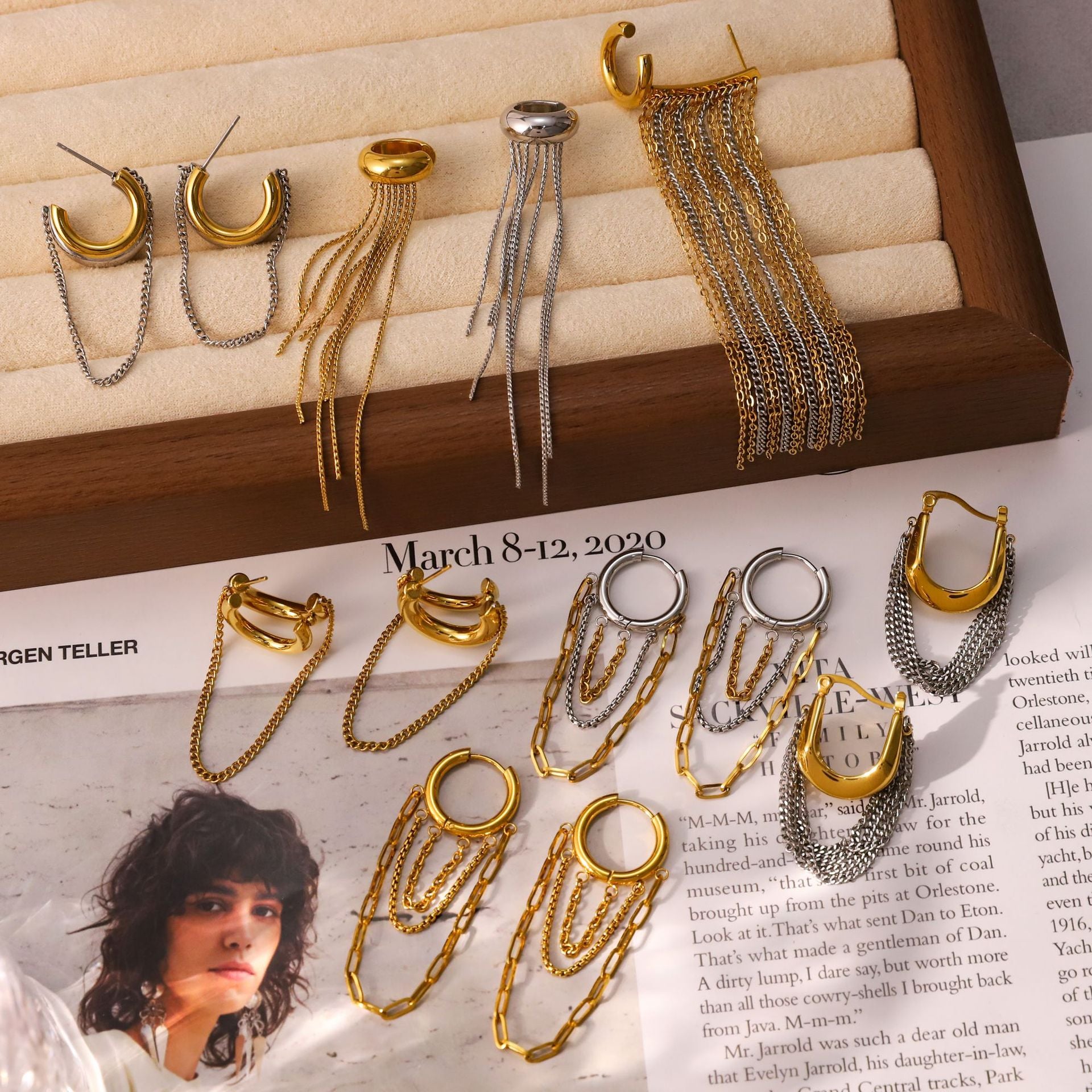 Gold Hoop Tassel CZ Dangle Earrings - Minimalist Long Chain Statement Jewelry for Women