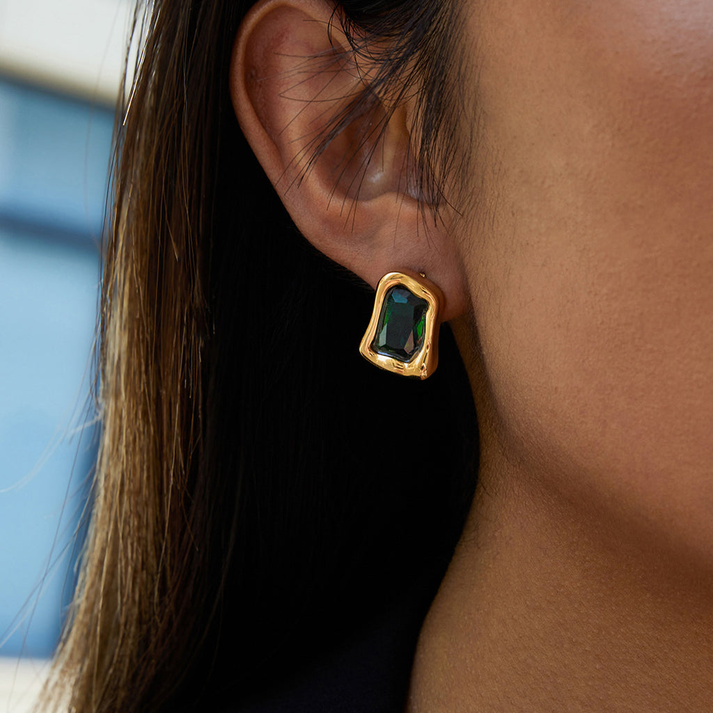 Gold Irregular Frame Gem Stud Earring Set - White/Green/Black Stone Accents | Modern Bold Daily/Brunch Jewelry for Women (Glossy Textured Gold Borders)