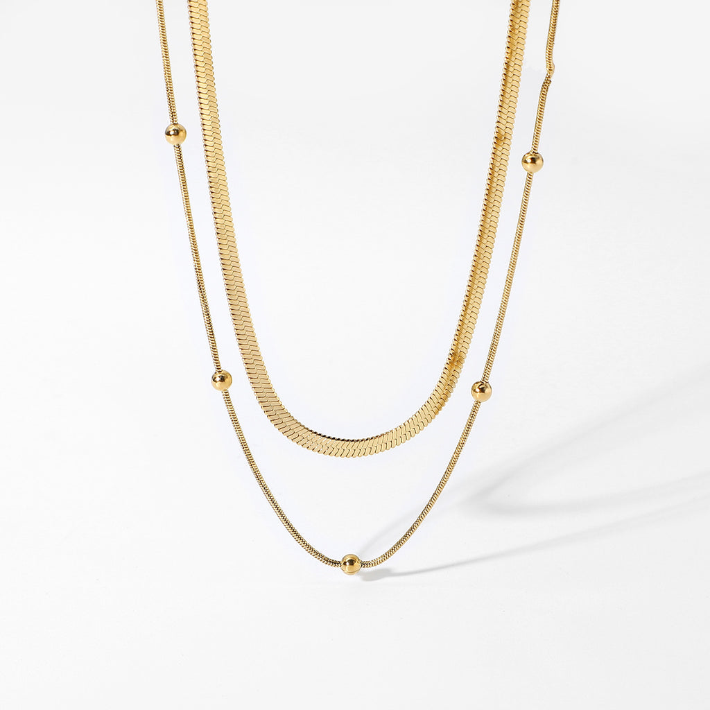 Gold Double-Layer Choker Necklace Set - Snake Chain & Beaded Detail | Modern Minimalist Daily/Brunch Neck Jewelry for Women (Glossy Gold Layered Style)