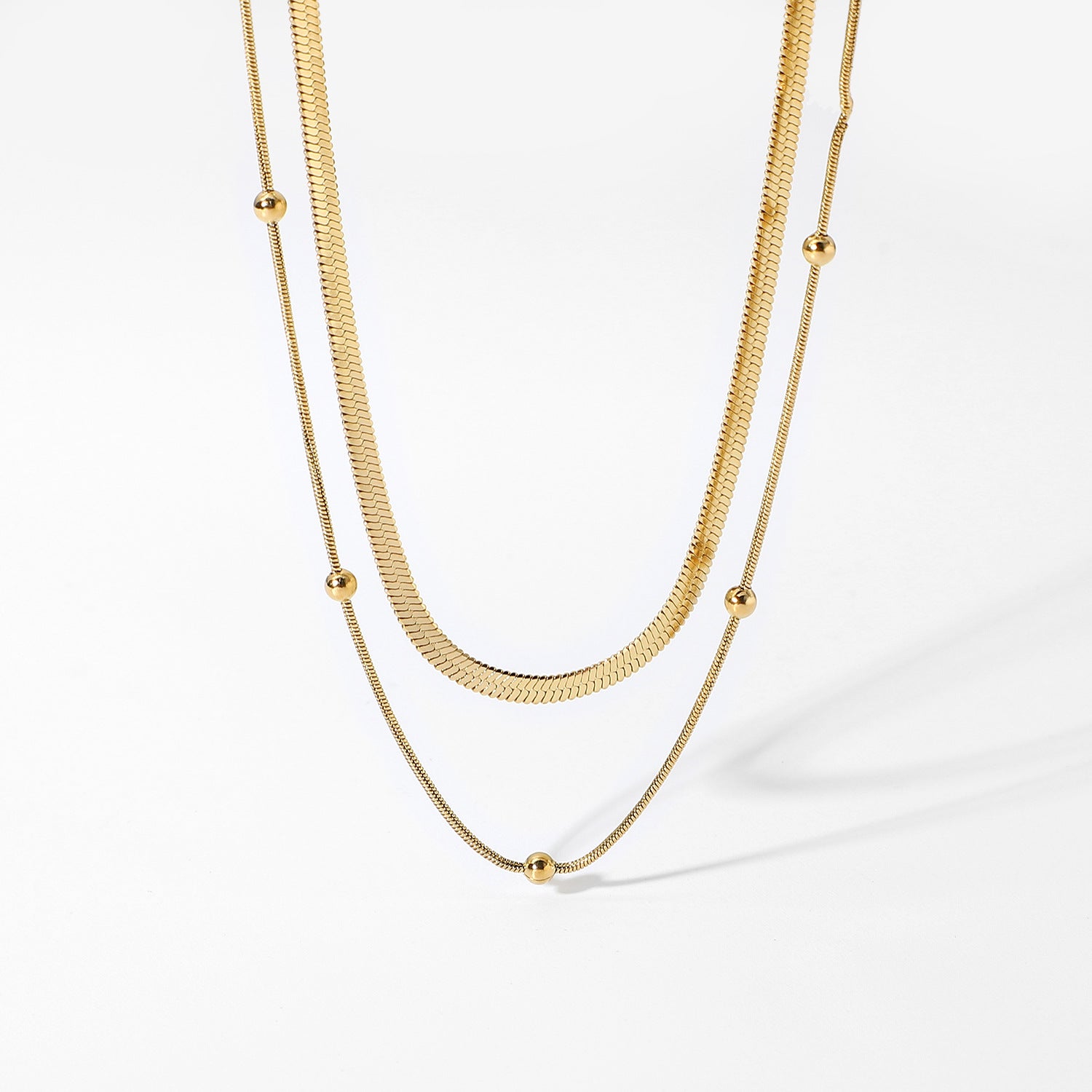 Gold Double-Layer Choker Necklace Set - Snake Chain & Beaded Detail | Modern Minimalist Daily/Brunch Neck Jewelry for Women (Glossy Gold Layered Style)