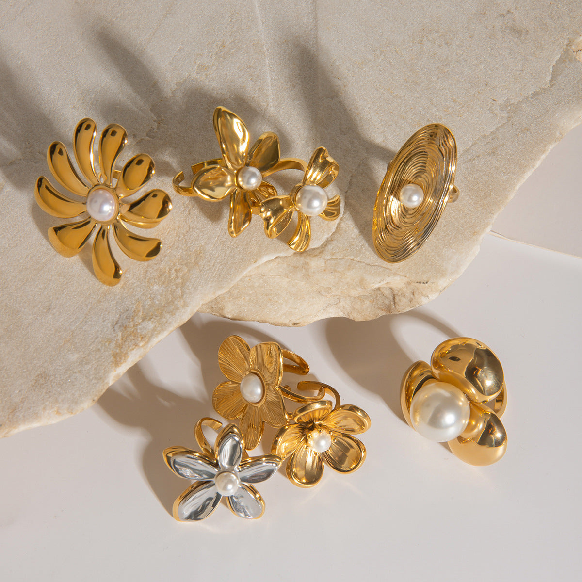 18k Gold Tone Pearl-Accent Ring Set - Flower/Bow/Spiral Designs | INS-Style Stackable Daily/Brunch Finger Jewelry for Women