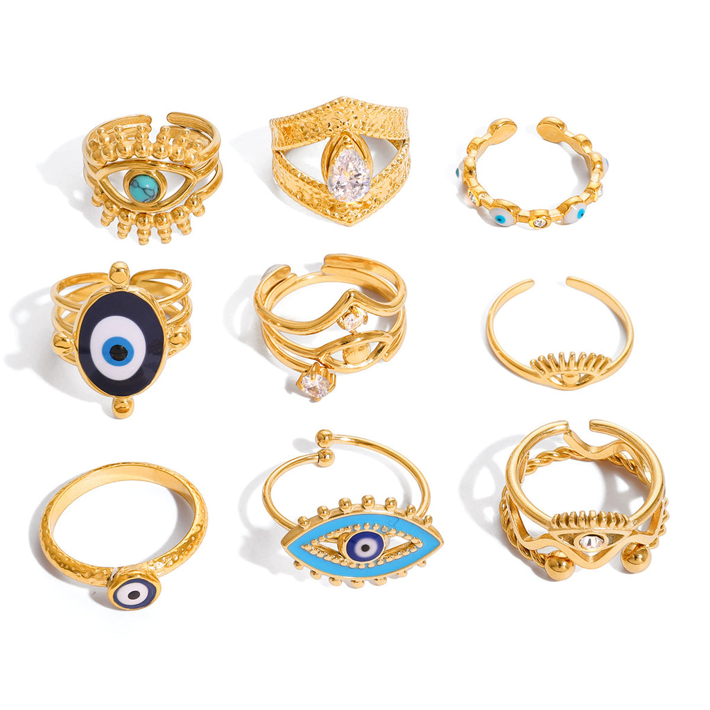 18k Gold Tone Evil Eye Ring Set - Crystal/Colorful Eye Designs | INS-Style Stackable Daily/Brunch Finger Jewelry for Women