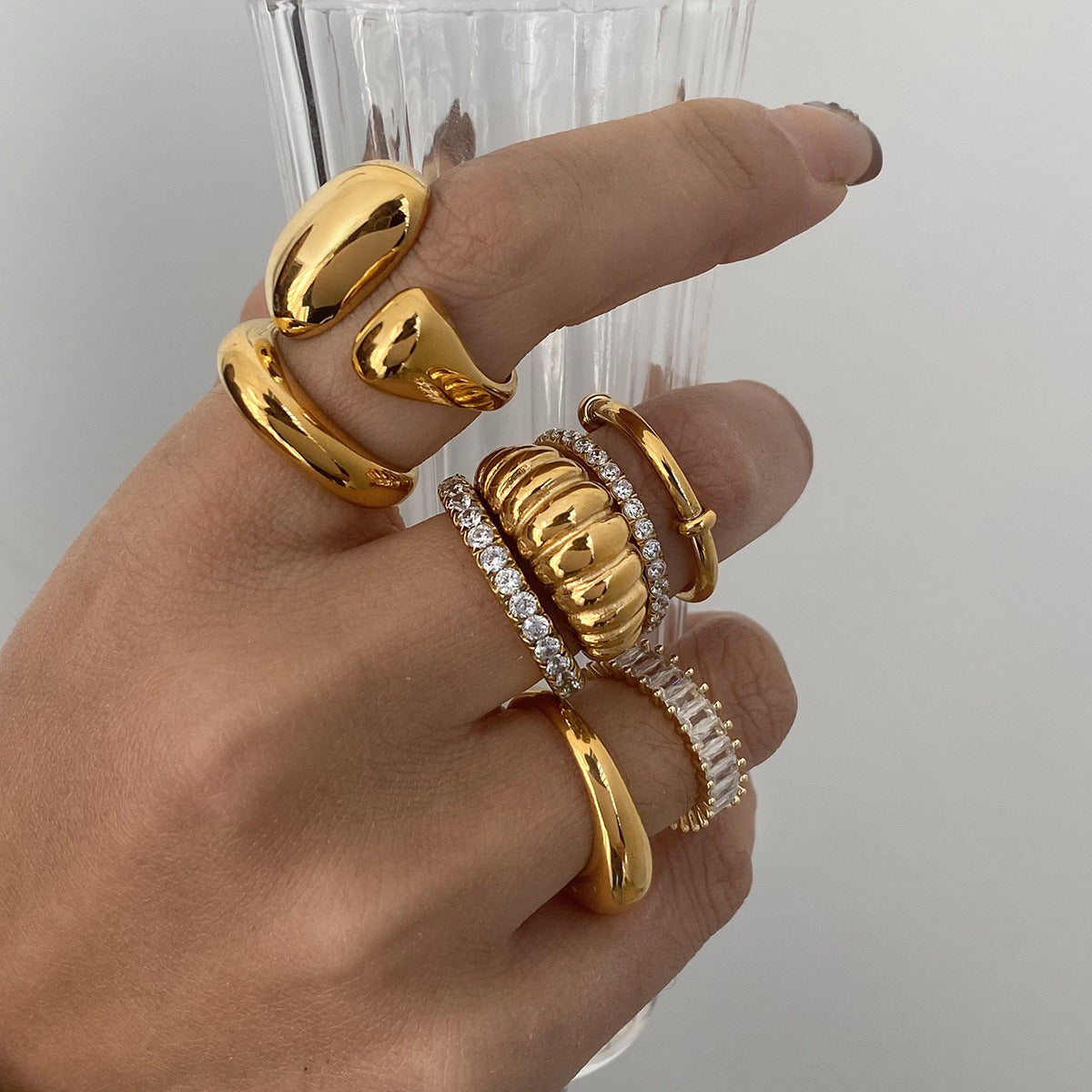 Chunky Gold Ring Set - Stackable Statement Rings with Textured & Crystal-Embellished Designs for Women