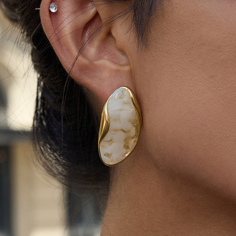 Gold Frame Irregular Gem Drop Earrings - White/Amber/Green/Pink Resin Stone Options | Retro Organic Statement Jewelry for Women (Daily/Brunch/Casual Wear)