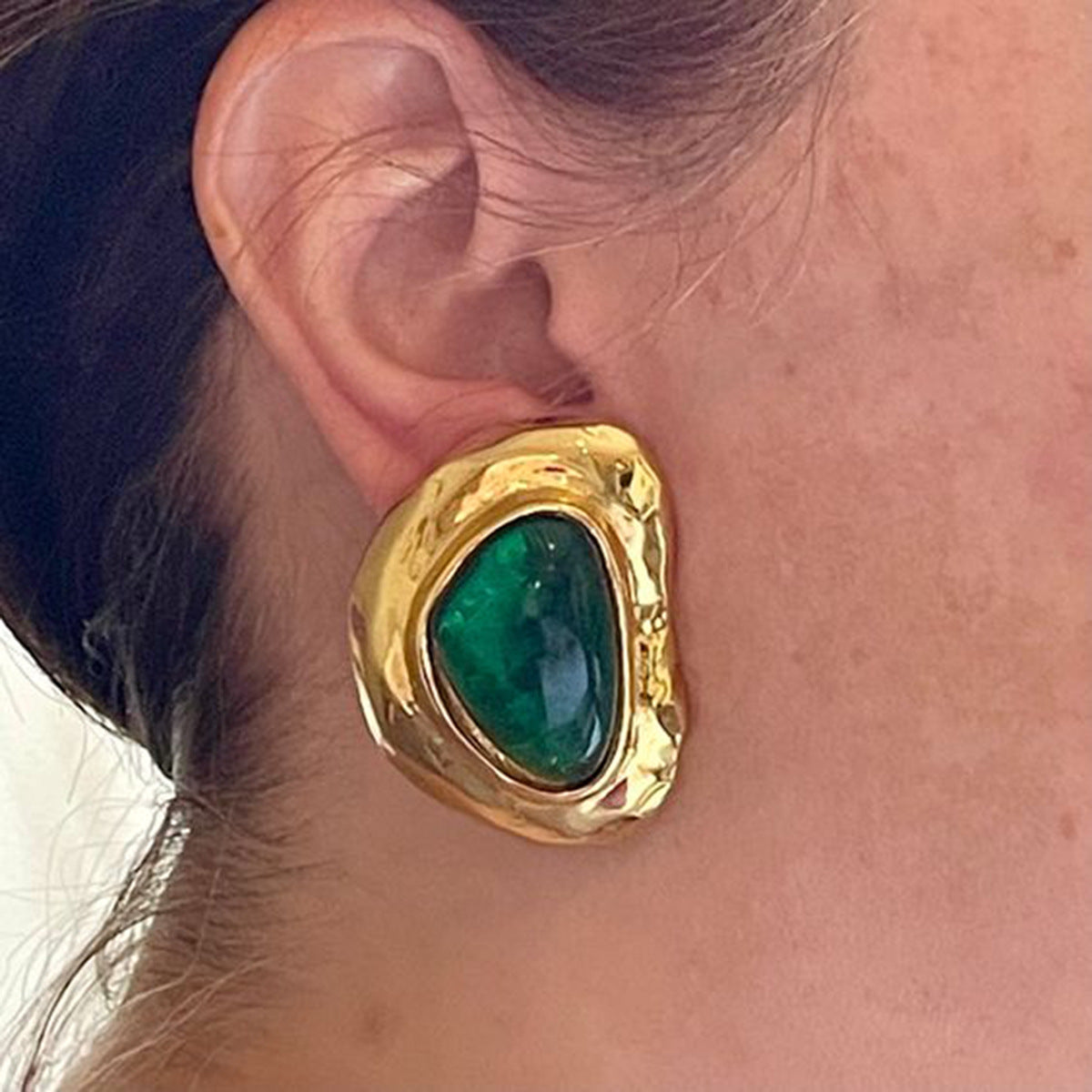 Gold Irregular Texture Emerald Stud Earrings - Bold Organic-Style Statement Jewelry for Women (Party/Formal/Casual Glam Wear)