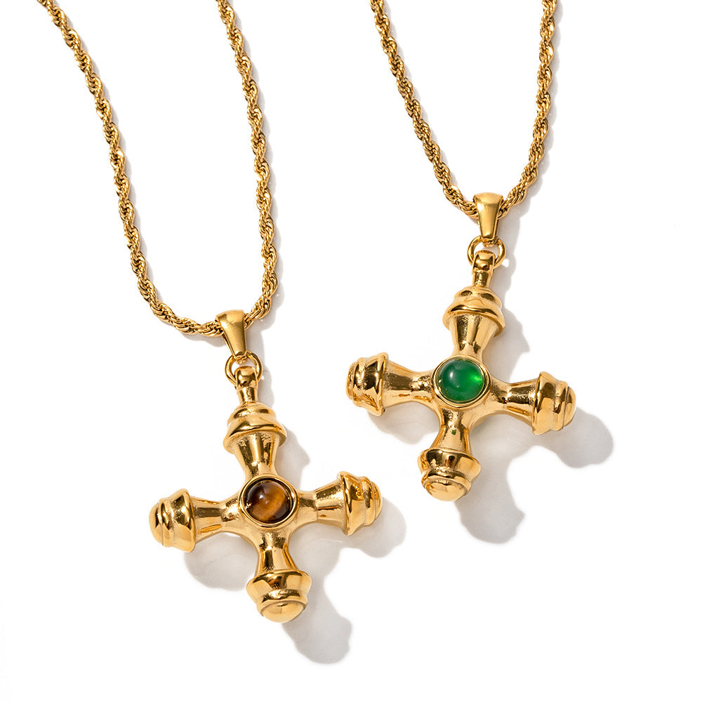 Gold Cross Pendant Necklace Set - Green Agate/Amber Stones | 18k Gold Tone INS-Style Daily/Brunch Neck Jewelry for Women