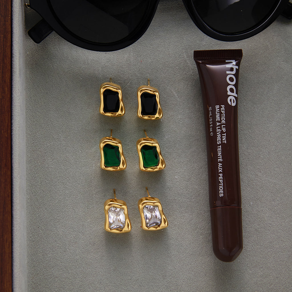 Gold Irregular Frame Gem Stud Earring Set - White/Green/Black Stone Accents | Modern Bold Daily/Brunch Jewelry for Women (Glossy Textured Gold Borders)