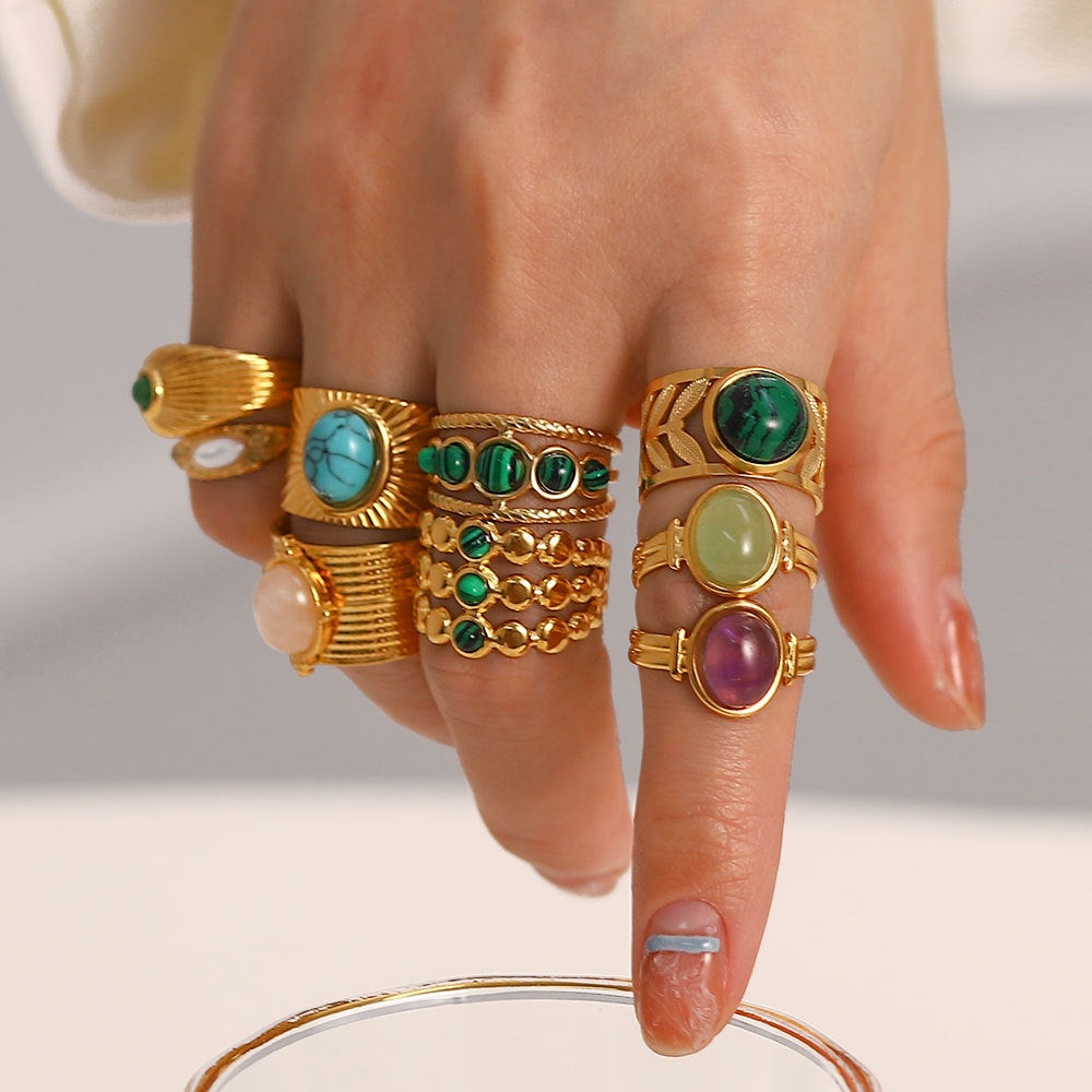Gold Gemstone Statement Ring Set - Turquoise/Malachite/Tiger Eye | Retro Boho Stackable Daily/Brunch Finger Jewelry for Women