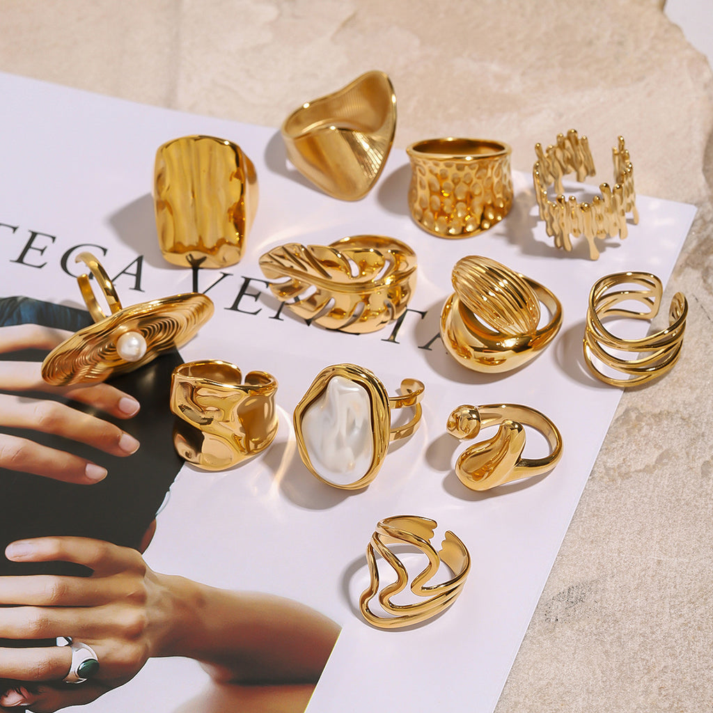 Artistic Gold Ring Set - Multi-Style Sculptural & Pearl Stackable Rings for Women