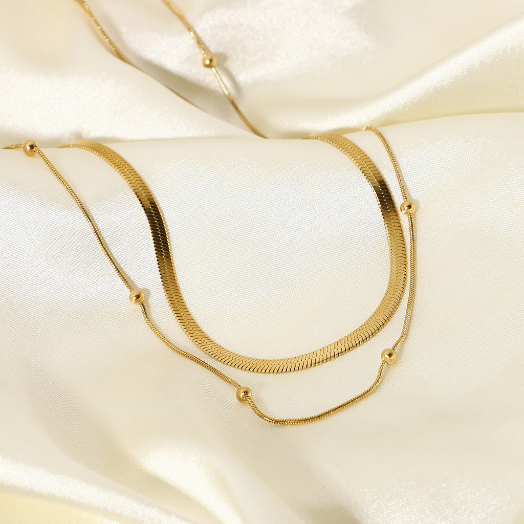 Gold Double-Layer Choker Necklace Set - Snake Chain & Beaded Detail | Modern Minimalist Daily/Brunch Neck Jewelry for Women (Glossy Gold Layered Style)