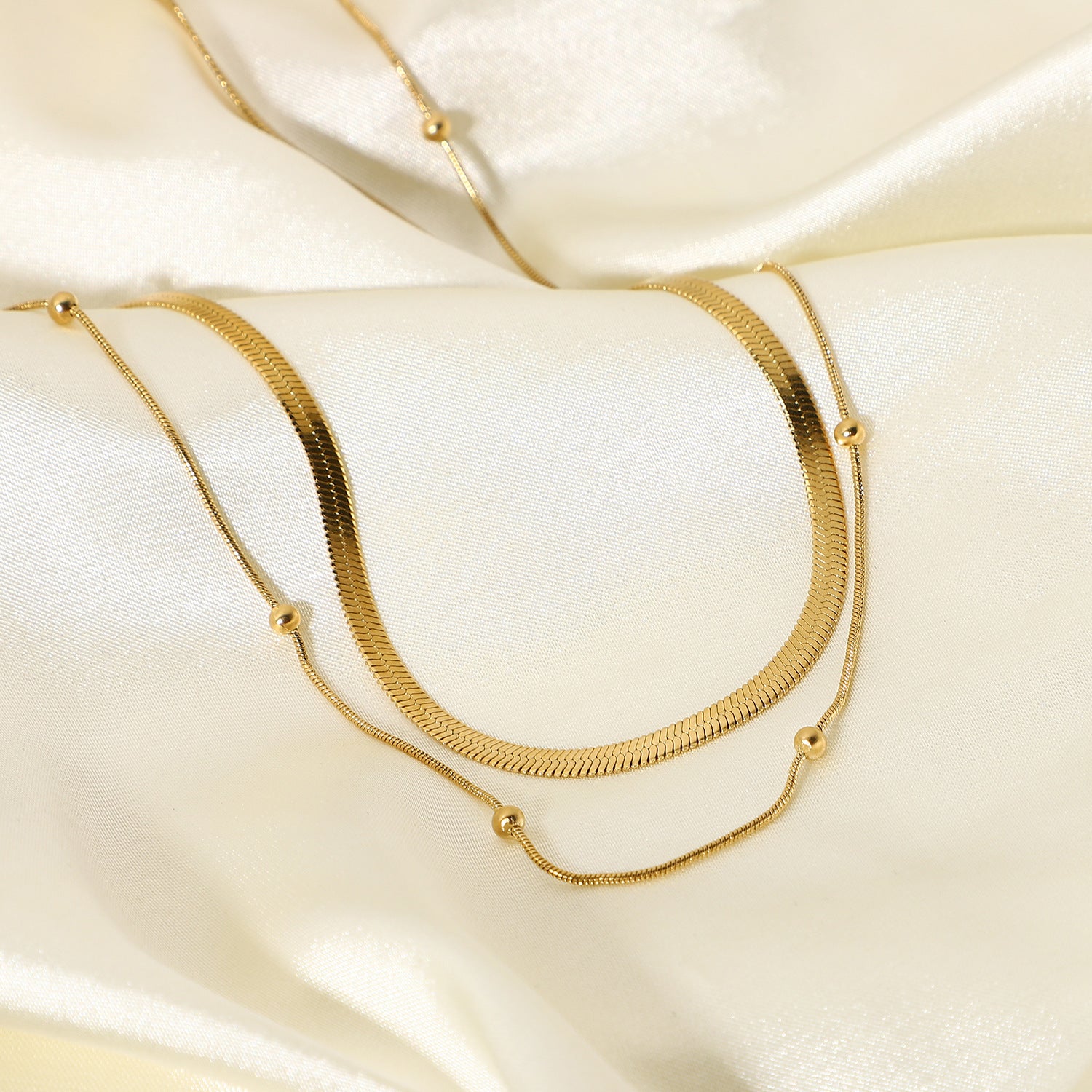 Gold Double-Layer Choker Necklace Set - Snake Chain & Beaded Detail | Modern Minimalist Daily/Brunch Neck Jewelry for Women (Glossy Gold Layered Style)