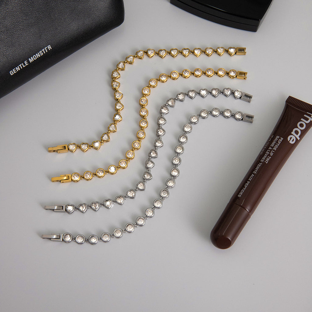 18k Gold/Silver Tone Crystal Bracelet Set - Heart/Round Accents | INS-Style Stackable Daily/Brunch Wrist Jewelry for Women