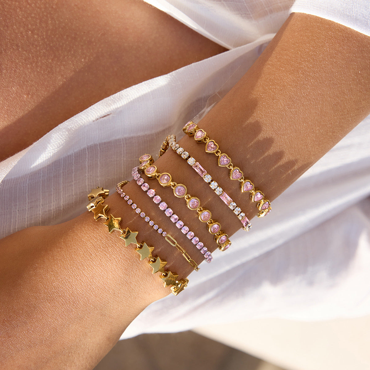 18k Gold Tone Bracelet Set - Star/Pink Crystal/Heart Designs | INS-Style Stackable Daily/Brunch Wrist Jewelry for Women