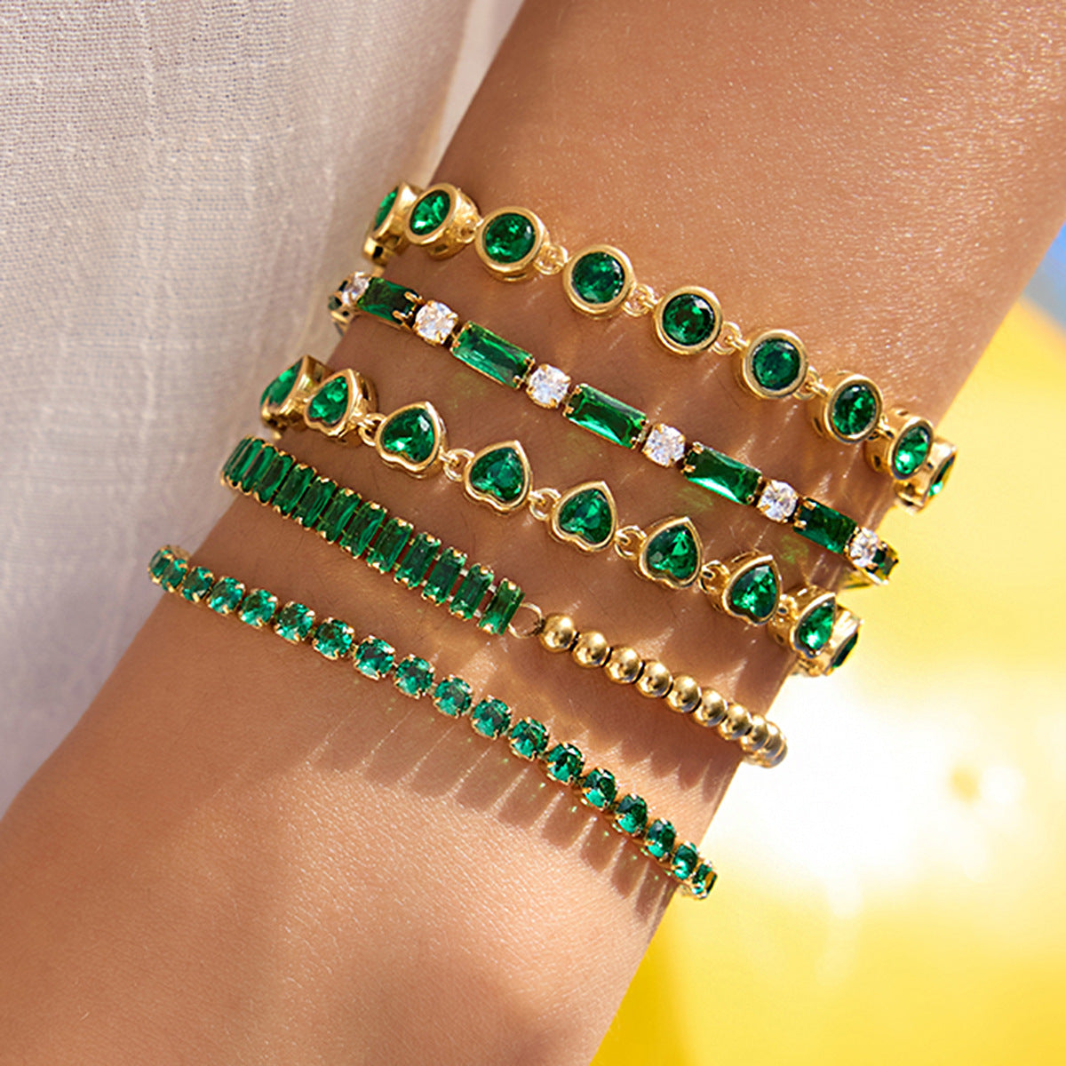 18k Gold Tone Emerald Bracelet Set - Heart/Square Gem Designs | INS-Style Stackable Daily/Brunch Wrist Jewelry for Women