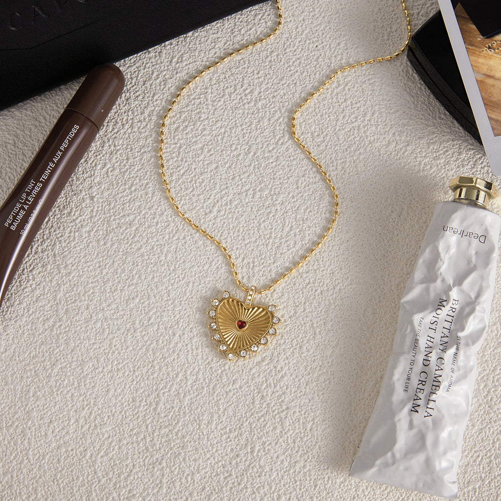 18k Gold Tone Double Layer Necklace Set - Heart Crystal Pendant & Snake Chain Choker | INS-Style Daily/Brunch Neck Jewelry for Women