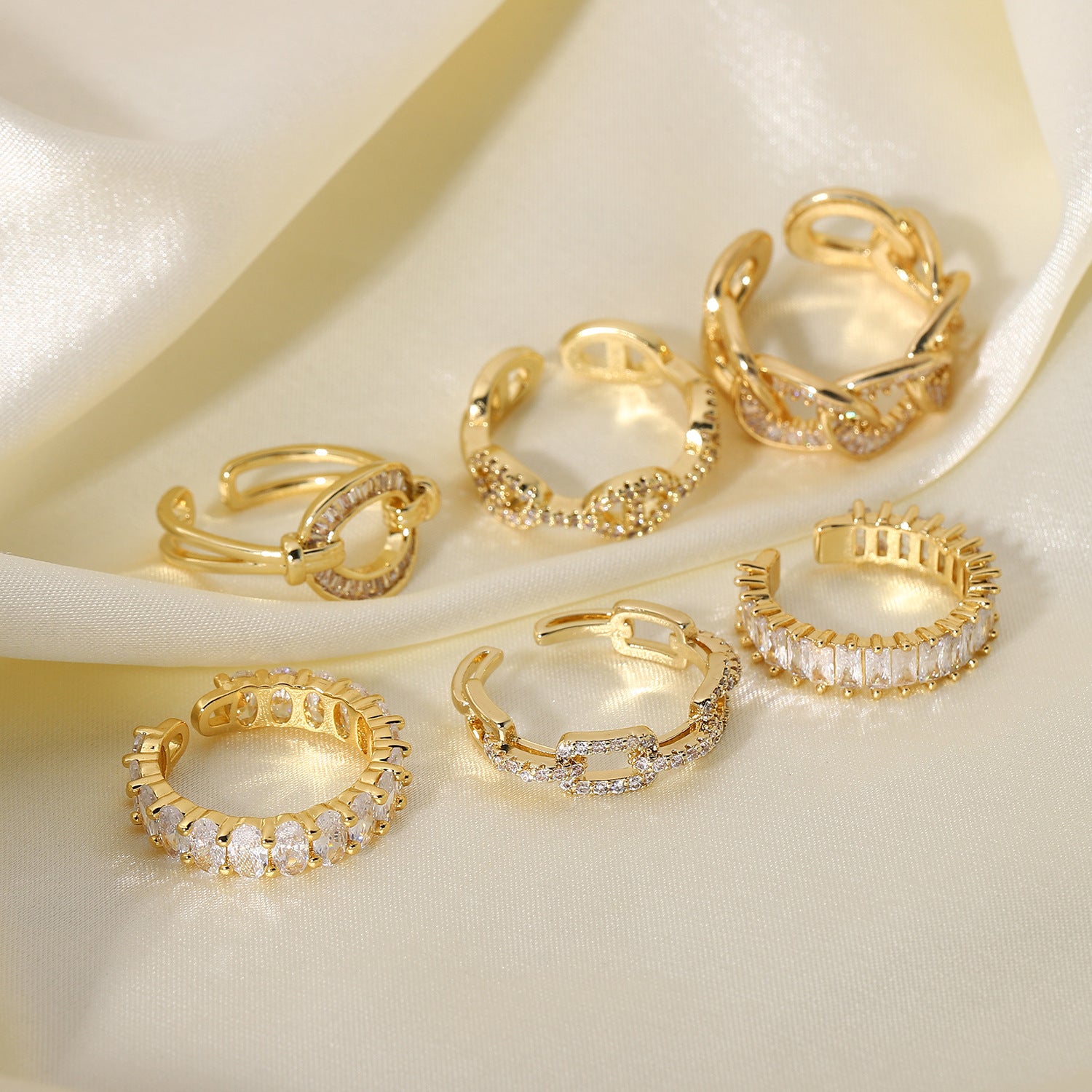 Gold CZ Chain Ring Set - Multi-Style Sparkly Stackable Rings for Women