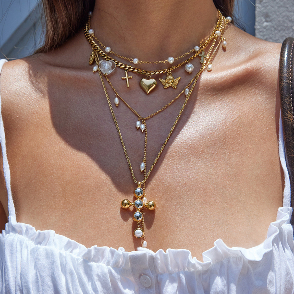 Gold Multi-Layer Pearl & Charm Necklace Set - Cross/Angel/Heart Pendants | Retro Boho Y2K Statement Neck Jewelry for Women (Daily/Brunch/Festival Wear)