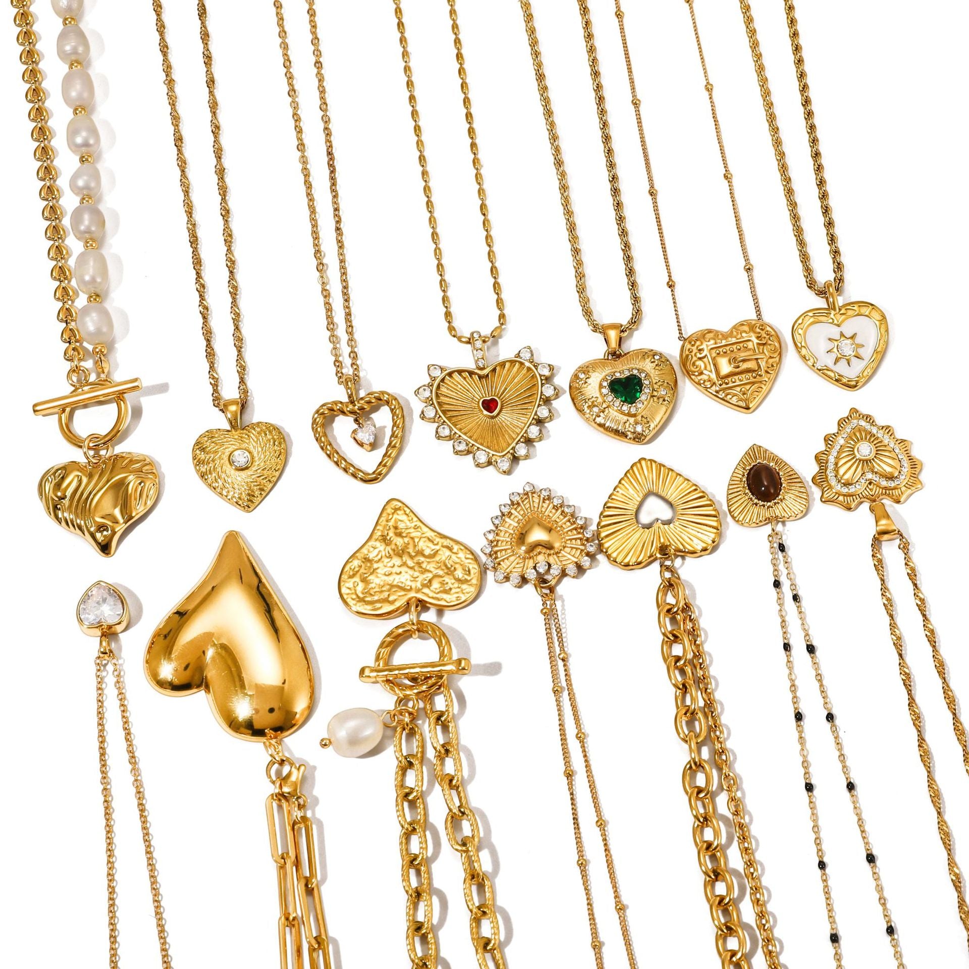 Gold Multi-Style Heart Pendant Necklace Set - CZ Gem Pearl Chain Statement Jewelry for Women