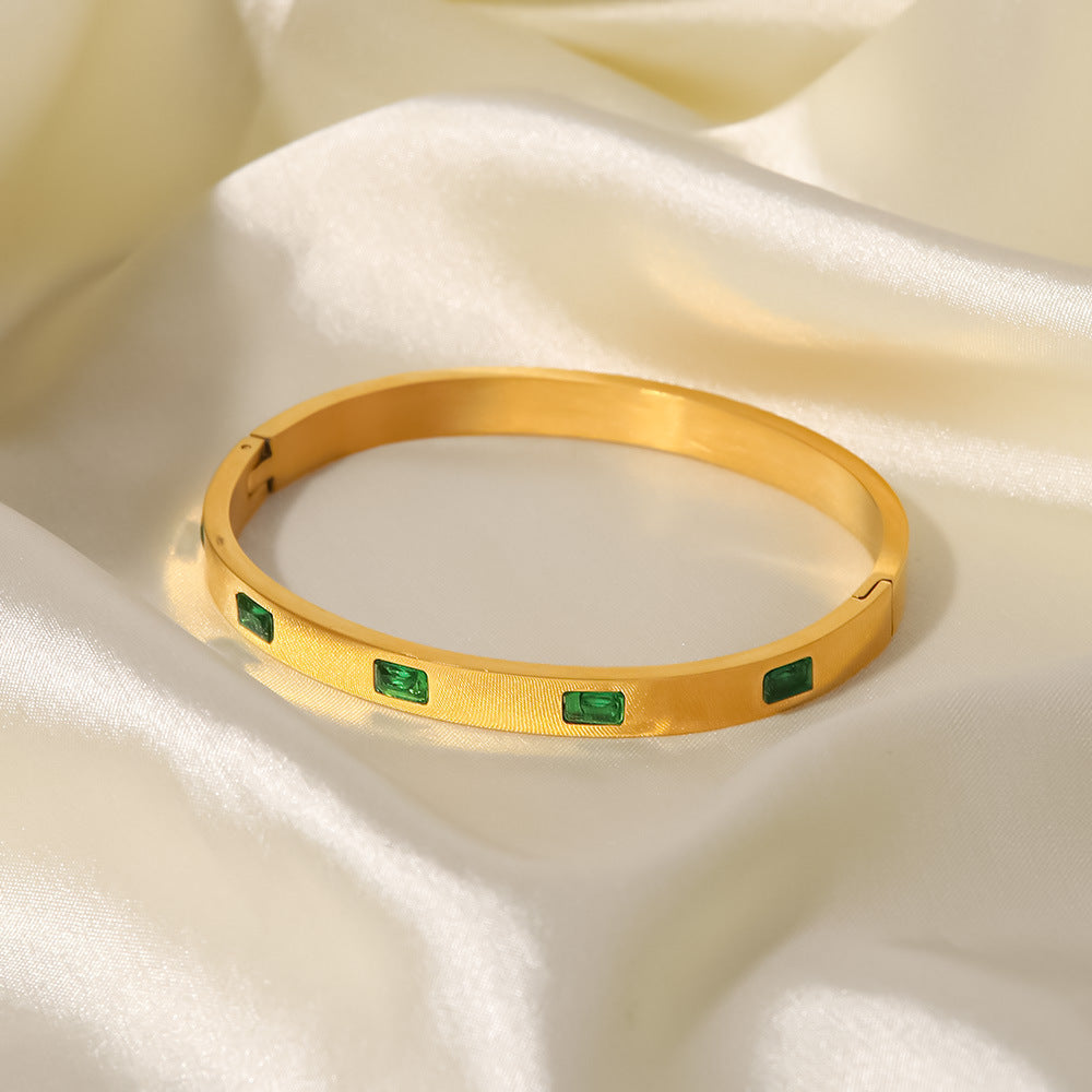 18k Gold Tone Emerald & Crystal Bangle Set - Sleek Striped Designs | INS-Style Stackable Daily/Brunch Wrist Jewelry for Women