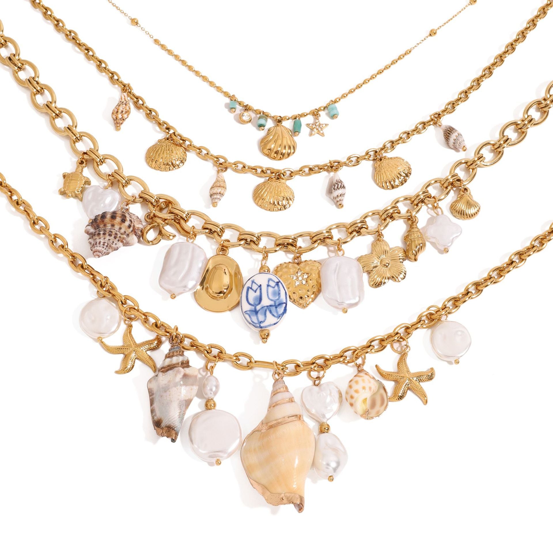 Gold Layered Ocean Theme Necklace Set - Shell/Starfish/Conch/Pearl Charms | Beach Nautical Statement Jewelry for Women