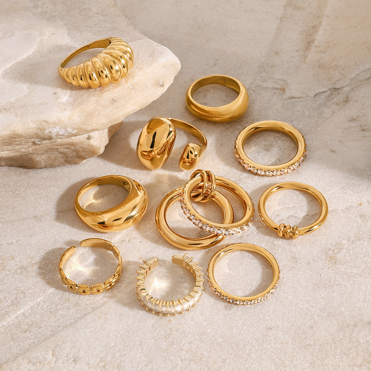 Chunky Gold Ring Set - Stackable Statement Rings with Textured & Crystal-Embellished Designs for Women