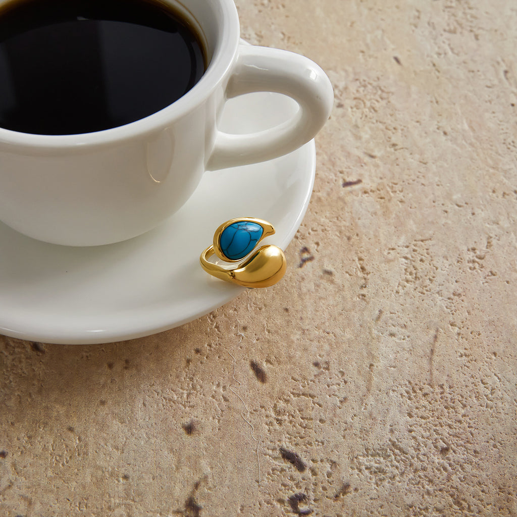 Gold Evil Eye Teardrop Ring Set - Turquoise/Pearl/Tiger Eye/Abalone Shell Stackable Statement Jewelry for Women