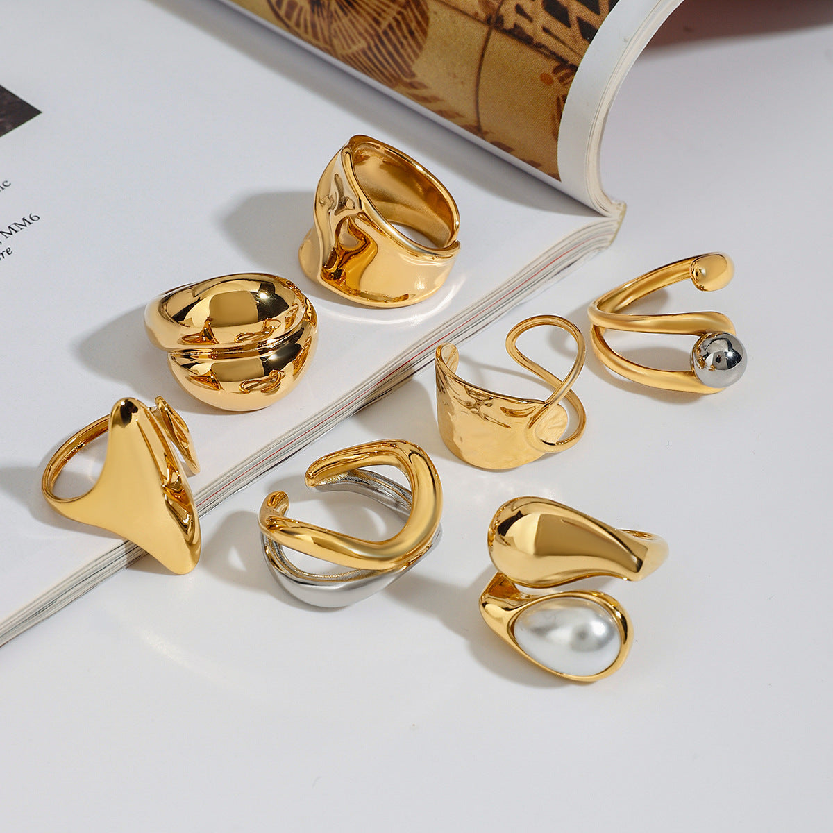 Artistic Gold Statement Ring Set - Abstract Sculptural & Pearl-Embellished Rings for Avant-Garde Women's Fashion